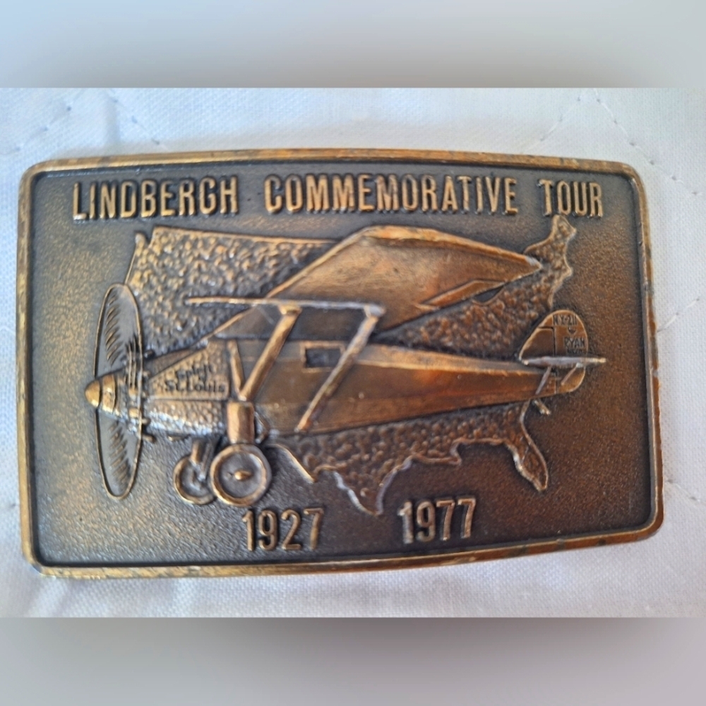 Vintage 1977 Charles Lindbergh Commemorative Tour Brass Belt Buckle